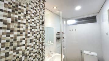 Shower, free toiletries, slippers, towels