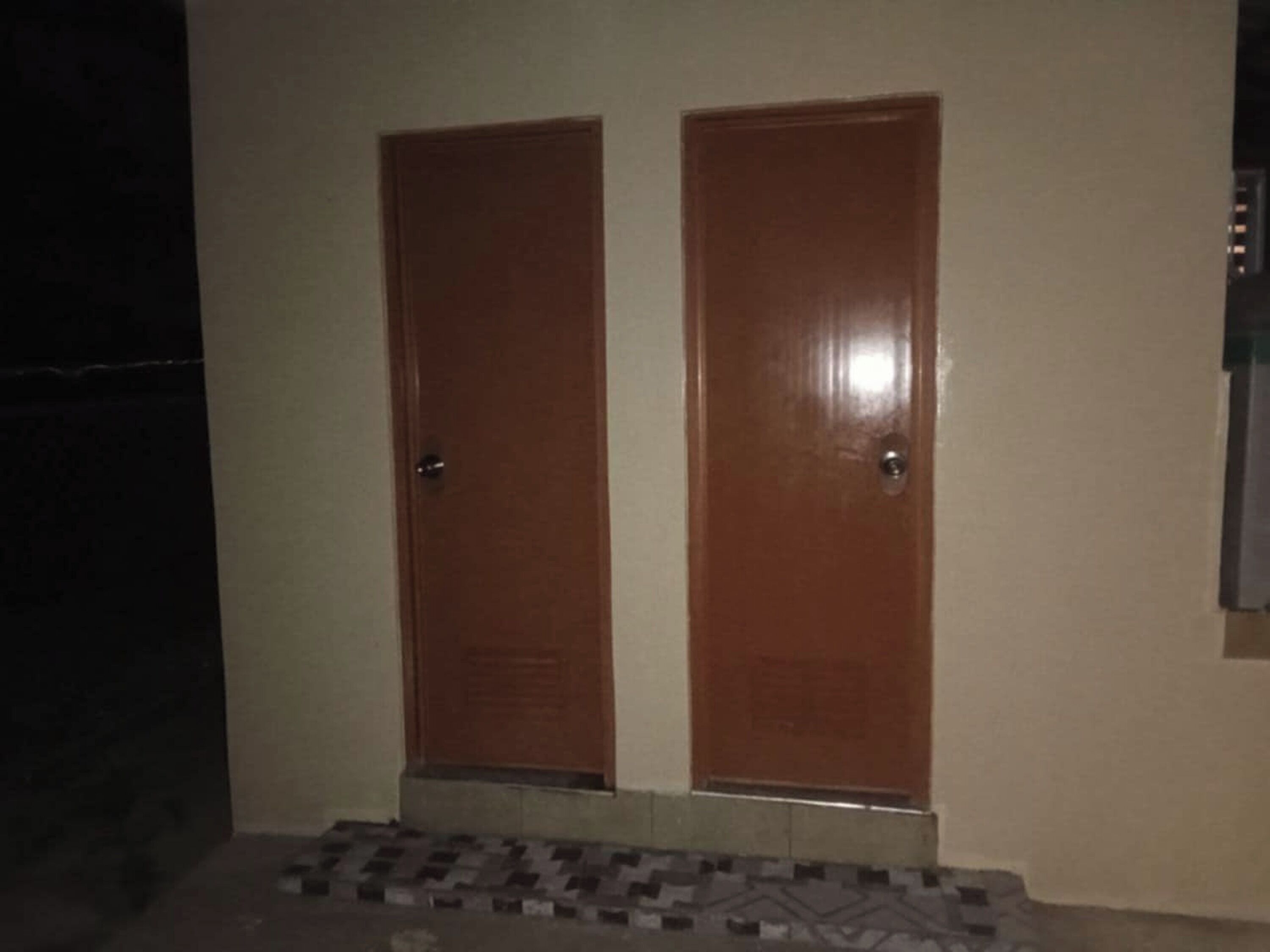 A set of wooden double doors with a metal handle, leading to a tiled entrance area.