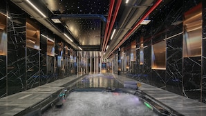 Un espace spa moderne doté d’une longue piscine chauffée, de murs en marbre et d’un plafond étoilé.