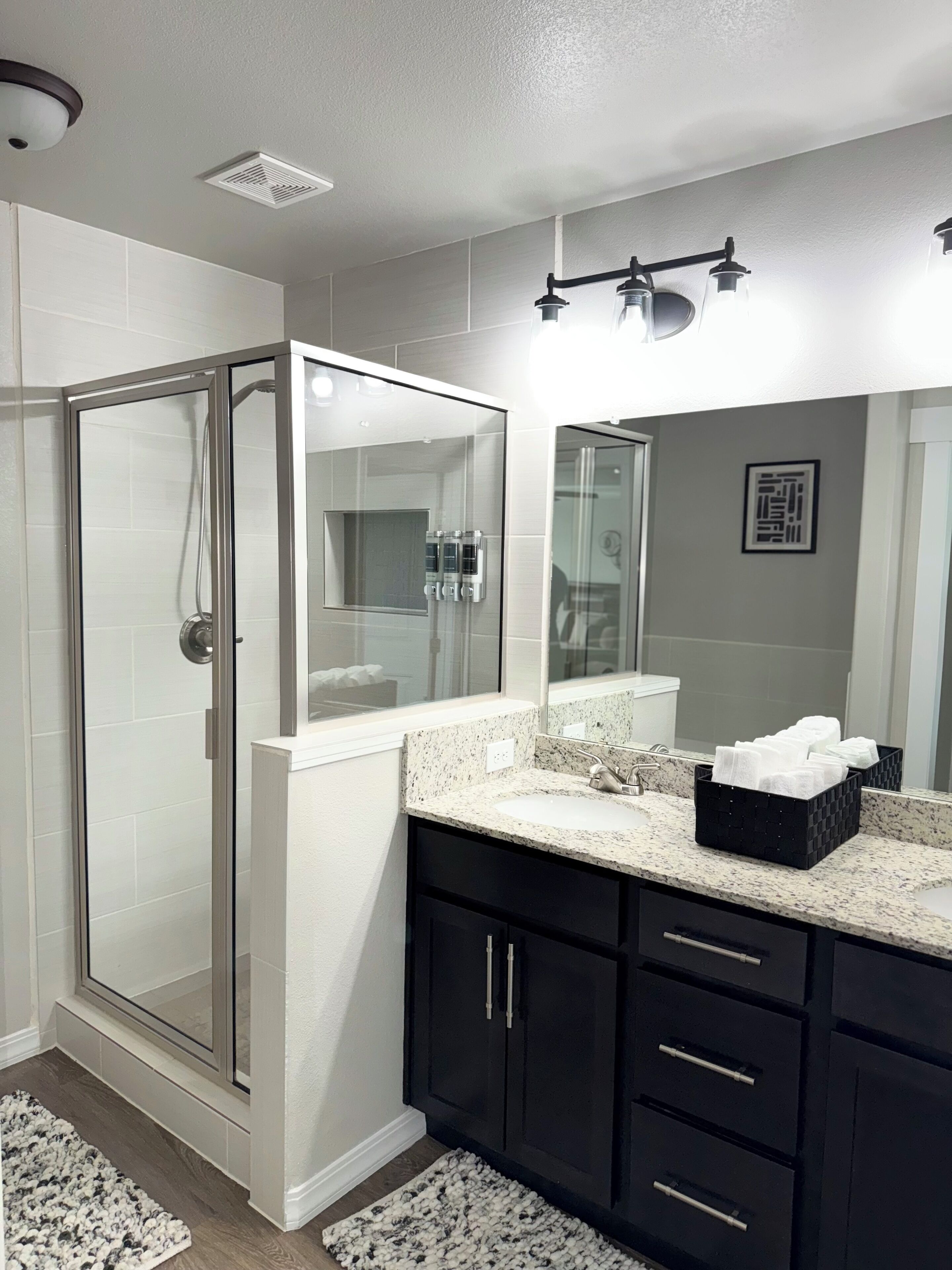 Hair dryer, towels, soap, toilet paper
