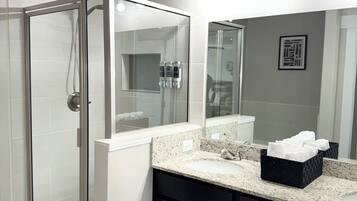 Hair dryer, towels, soap, toilet paper