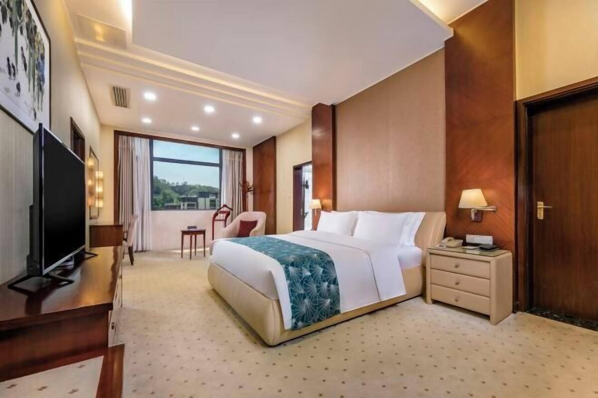 A hotel room with a bed, bedside table, TV, and a view of the outdoors.