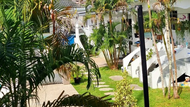 Un jardin tropical avec des palmiers et un bâtiment blanc doté d’un toit incurvé.
