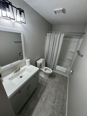 Shower, hair dryer, towels, soap - Newly remodeled 3-bedroom ranch with pool table, patio, and grill in Urbandale. (Urbandale)