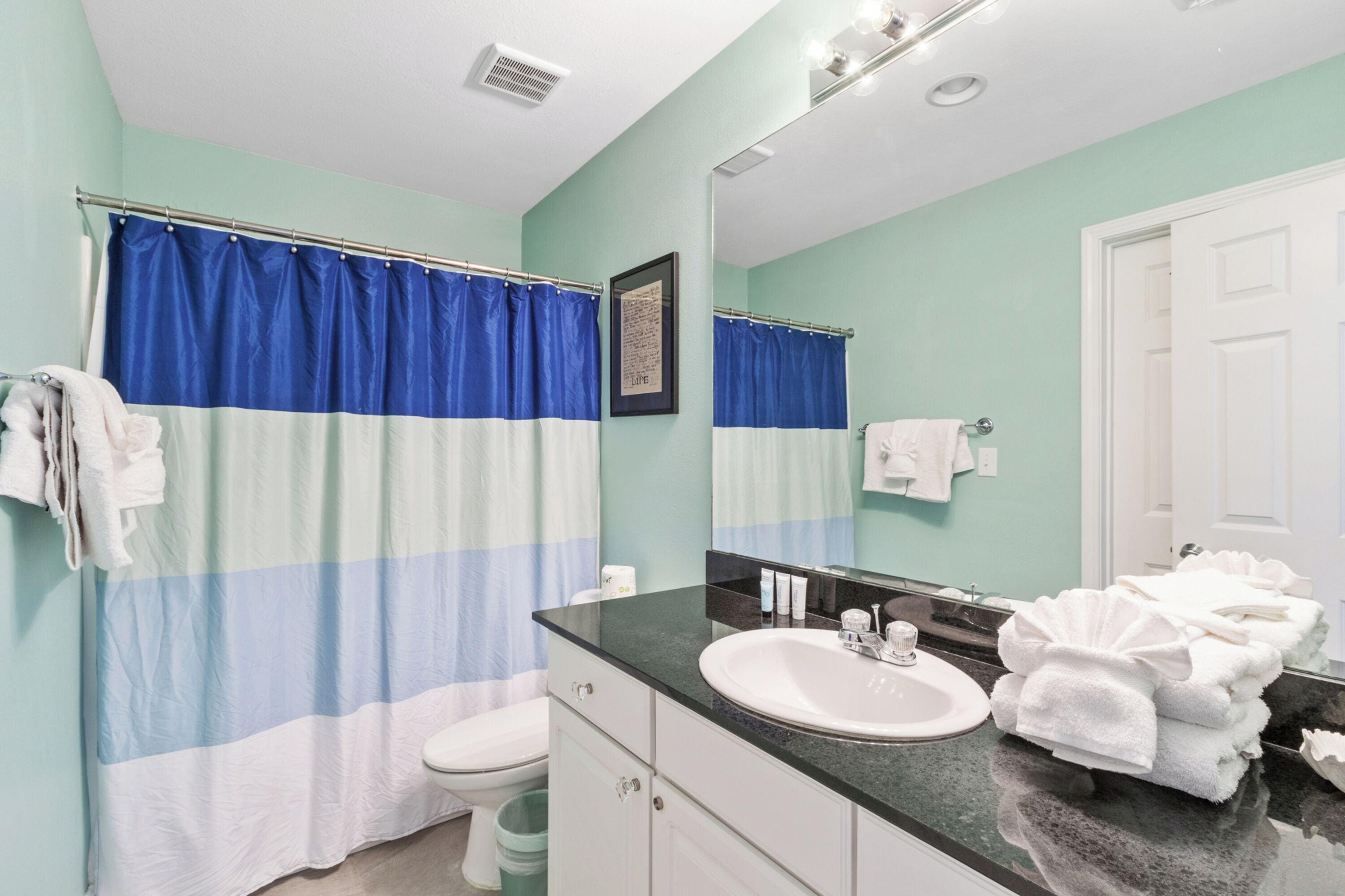 A bathroom with a blue and white shower curtain, a white sink, and a mirror.