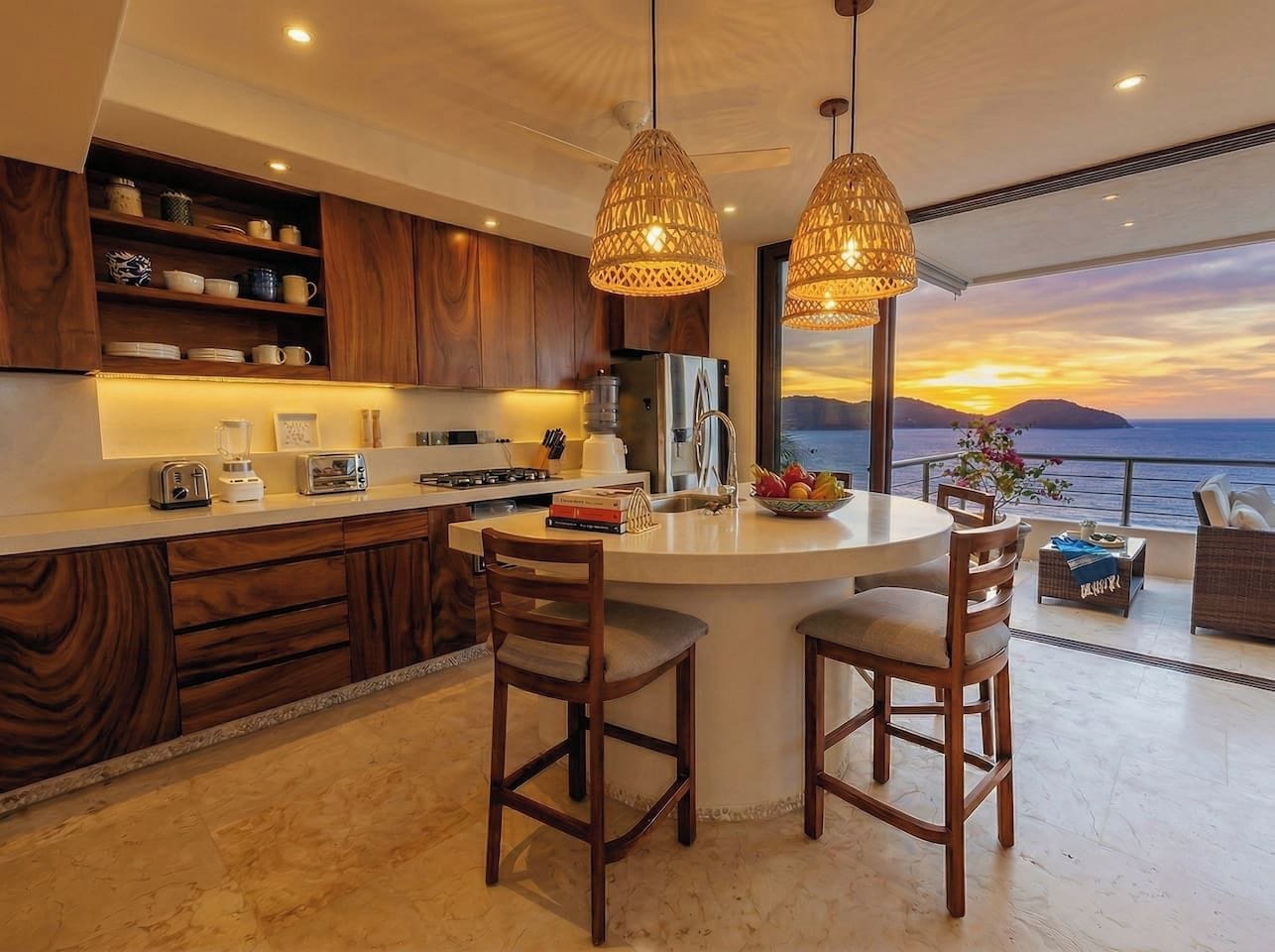 A modern kitchen with wooden cabinets, a central island with bar stools, and a view of the ocean at sunset.