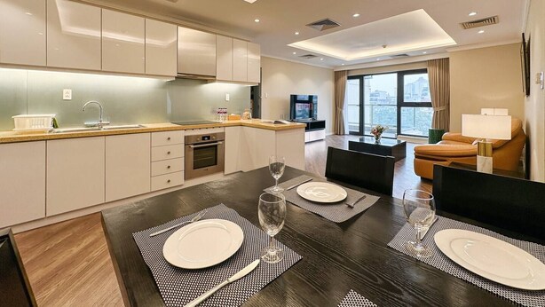 Superior Apartment, 3 Bedrooms, Kitchen, City View | Private kitchen | Fridge, stovetop, cookware/dishes/utensils - Skyline Tower - Service Apartments (Hanoi)
