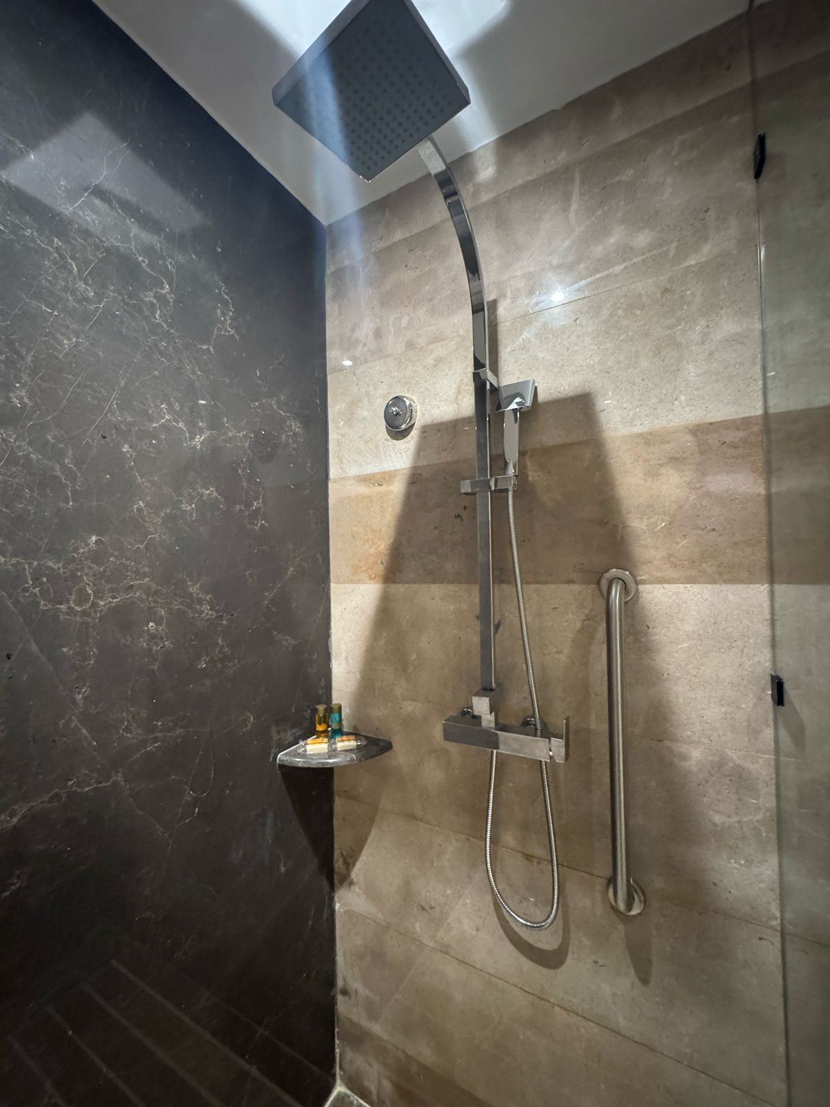 Ducha moderna con cabezal de ducha de mano y panel de control en la pared.