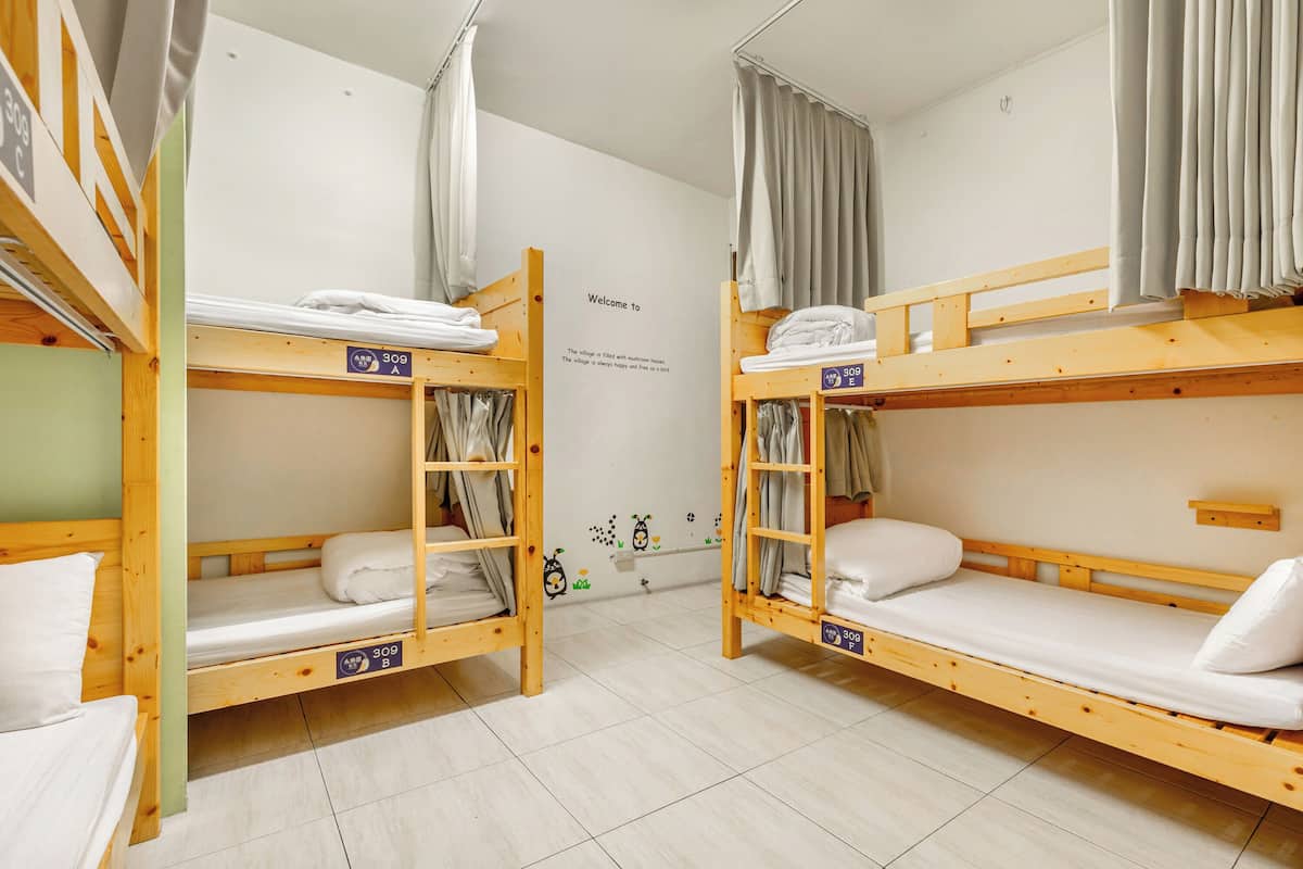 Ein Schlafsaalzimmer mit Etagenbetten, jedes mit einer Nummer und einem Buchstaben gekennzeichnet, und einem an der Wand befestigten Schild.