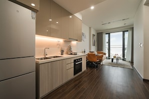 Superior Apartment, 2 Bedrooms, Kitchen, City View | Private kitchen | Fridge, stovetop, cookware/dishes/utensils