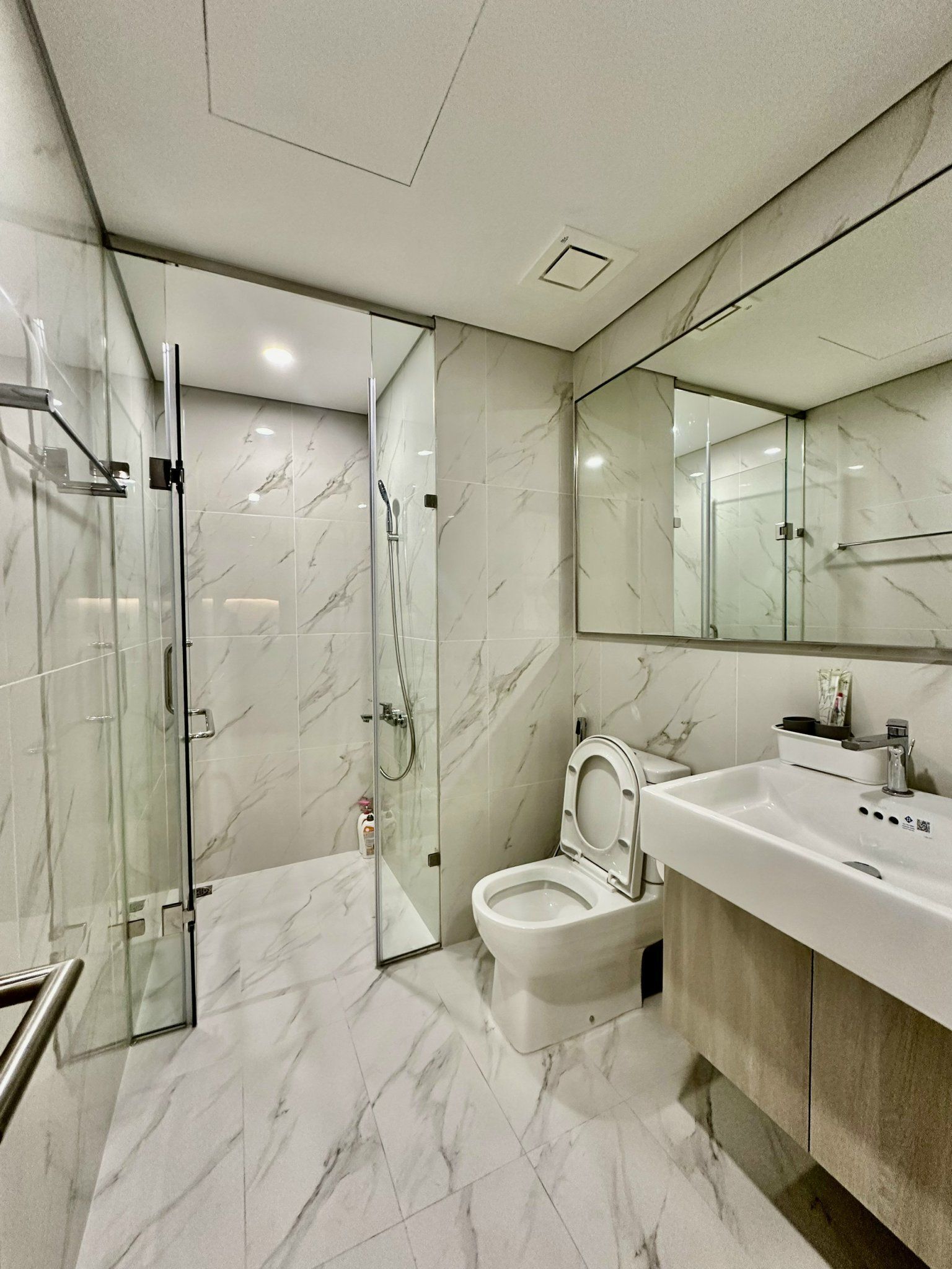 A modern bathroom with a glass-enclosed shower, a toilet, and a sink with a large mirror above.