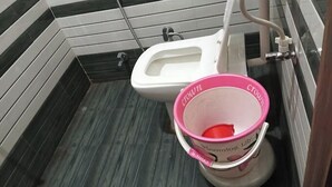 Ein Badezimmer mit Toilette, einem rosafarbenen Eimer mit der Aufschrift 'Crown' und 'Blooming Lily' sowie einem Duschbereich.