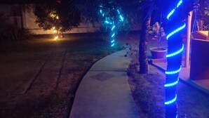 A pathway with blue LED lights wrapped around a tree, leading to a building entrance. - Garden View Villa (Rajshahi)
