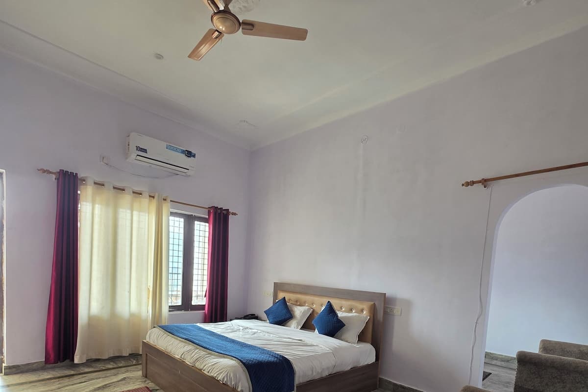 Une chambre à coucher comprenant un lit, un ventilateur de plafond, un appareil de climatisation, une fenêtre avec des rideaux, un tapis rouge et un canapé.