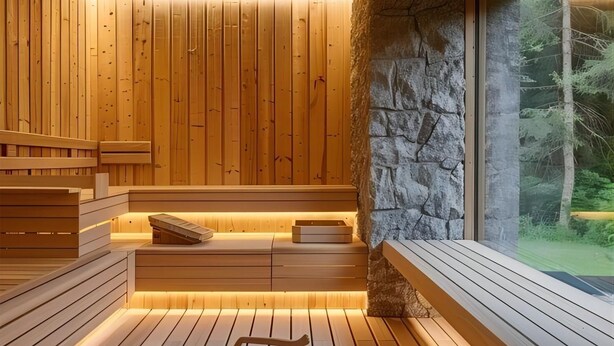 Een houten sauna met een stenen muur en een raam met uitzicht op een bos.