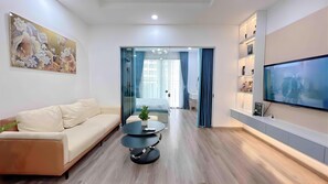Superior Apartment, 1 Bedroom, Kitchen, City View | Living area | 42-inch LED TV with cable channels - Vinhomes Times City by Emily in Town (Hanoi)