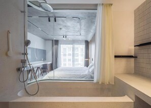 Superior Studio, 1 Queen Bed, Kitchen, City View | Bathroom | Combined shower/tub, designer toiletries, hair dryer, towels - Vinhomes D Capitale by Emily in Town (Hanoi)