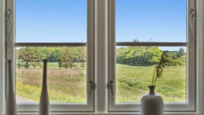 Ein Fenster mit Blick auf ein grasbewachsenes Feld und Bäume.
