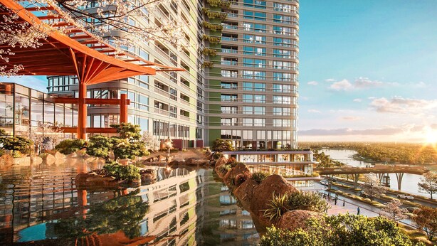 A modern hotel with a reflective pool, a covered walkway, and a view of a river. - Onsen Landmark Luxury Apartments (Phung Cong)