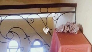 Una habitación con barandilla metálica, una mesa con mantel rosa y un cuadro enmarcado en la pared.