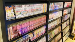 Een boekenplank vol met manga-boeken.