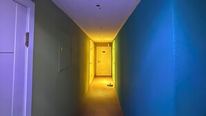 A narrow hallway with a carpeted floor, a door on the left, and a blue wall on the right. - Sunrise Inn (Seoul)