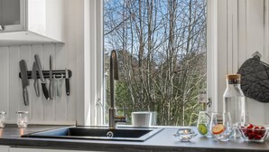 Et moderne køkken med sort bordplade, stålvask og et vindue med udsigt til træer uden blade.