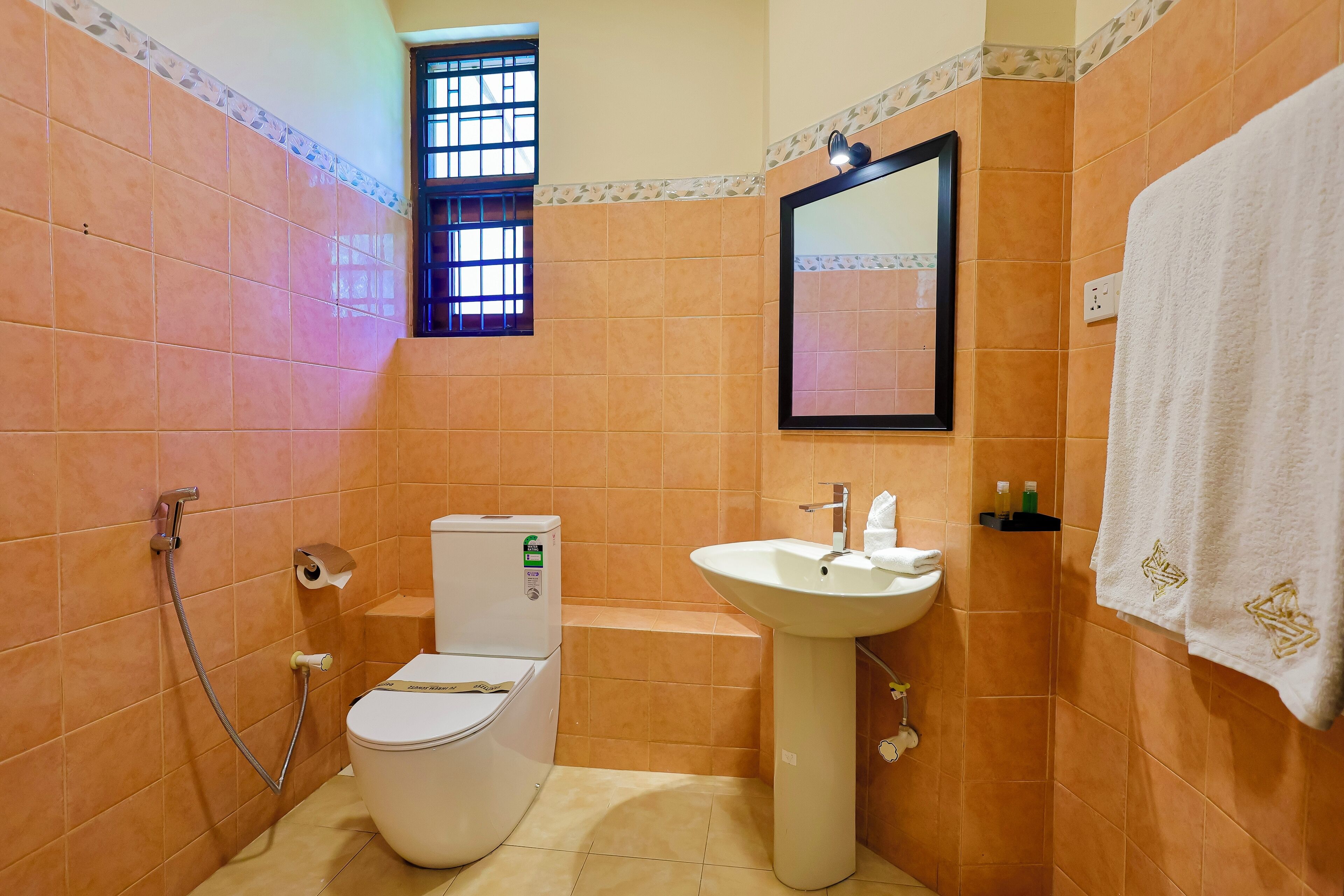 Un baño con inodoro, lavamanos y ducha.