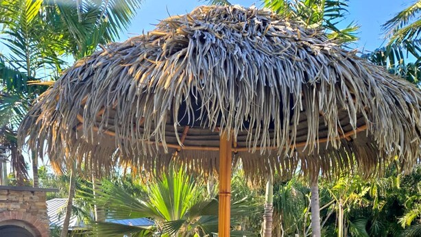 Ein Poolbereich mit einer strohgedeckten Struktur, einem Steinkamin und verschiedenen Früchten und Flaschen am Poolufer.