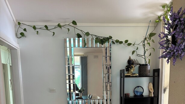 Ein modernes Interieur mit einem Glastisch, einem Zier-Spiegel, einer schwarzen Regaleinheit mit verschiedenen Gegenständen und einer kleinen Steingartenanordnung.