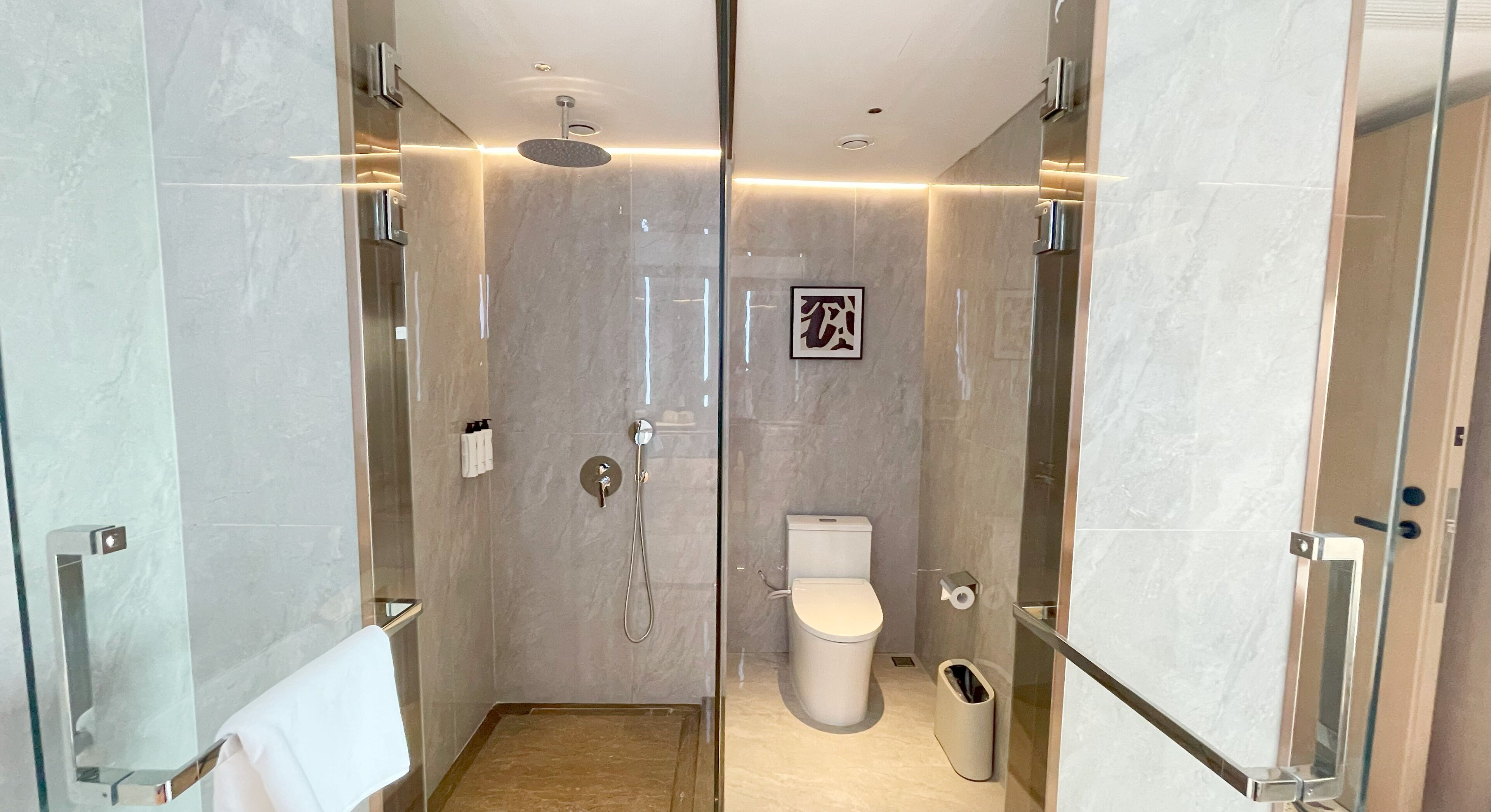 A modern bathroom with a glass-enclosed shower, a toilet, and a trash bin.