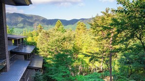 A traditional Japanese-style building with multiple wooden decks and a lush garden with various plants and a small stream. - Caesar Gora Club Hakone (Hakone)