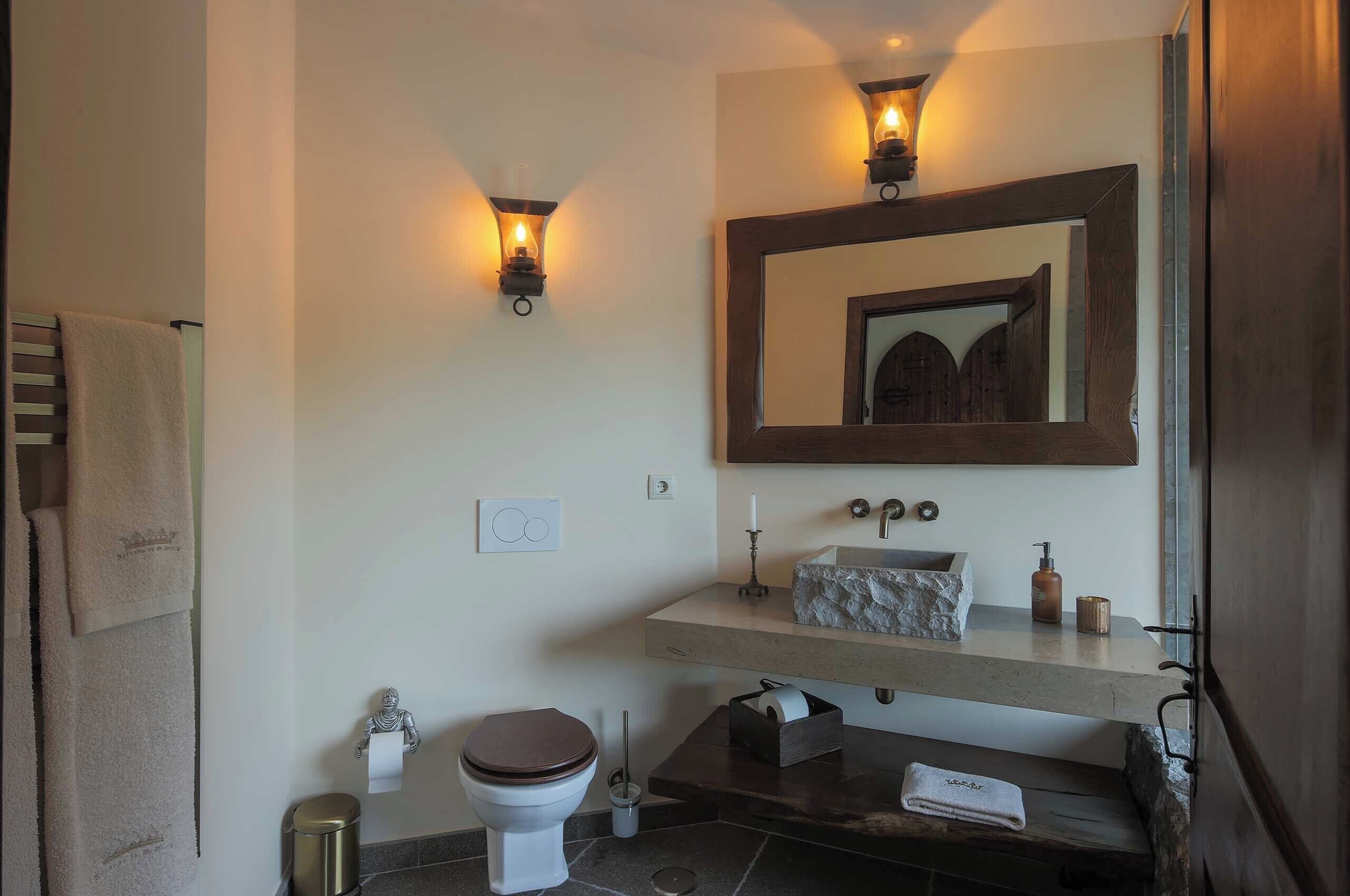 A bathroom with a toilet, sink, and towel rack.