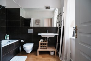 Hair dryer, towels, soap, toilet paper