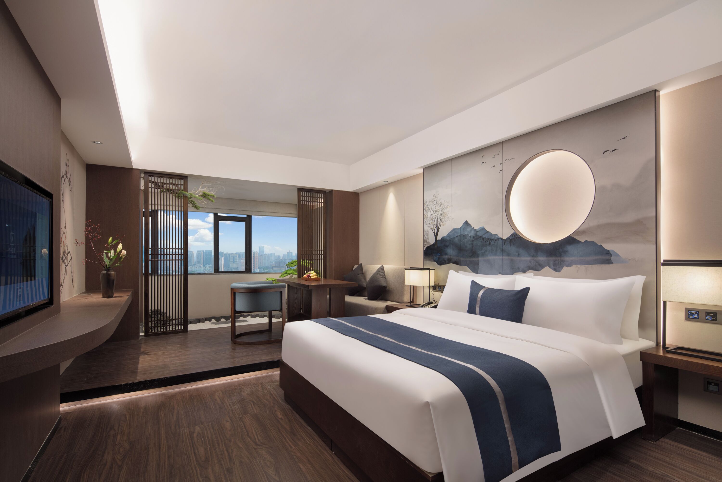 Bureau, espace de travail pour ordinateur portable, rideaux occultants