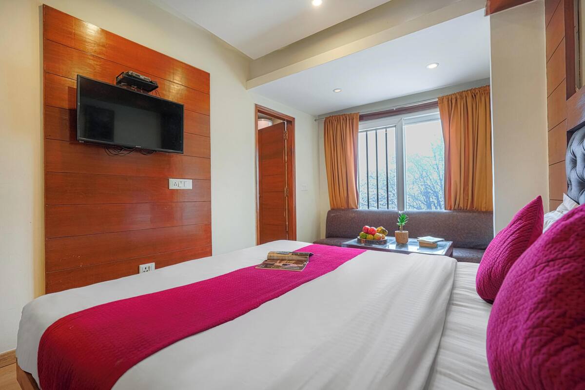 A hotel room with a bed, a mounted TV, a window with curtains, a small table with a plant, and a sofa.