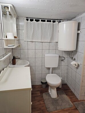 Hair dryer, towels, soap, toilet paper