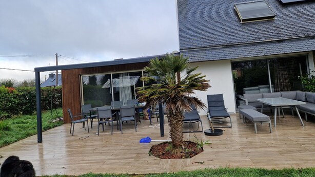 A modern house with a patio, a glass enclosure, and a palm tree. - Weekly rental house with swimming pooleur 5 km from the beach (Plonéour-Lanvern)