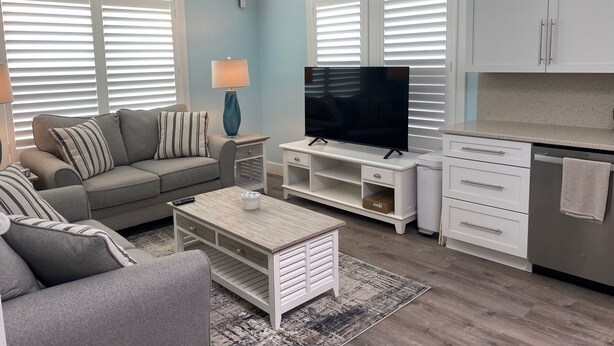 A living room with a sofa, TV, coffee table, and kitchen area with cabinets and a countertop.