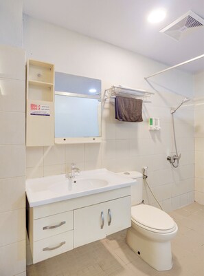 Shower, free toiletries, bidet, towels