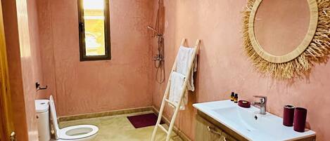 Regadera, secadora de cabello, toallas, jabón