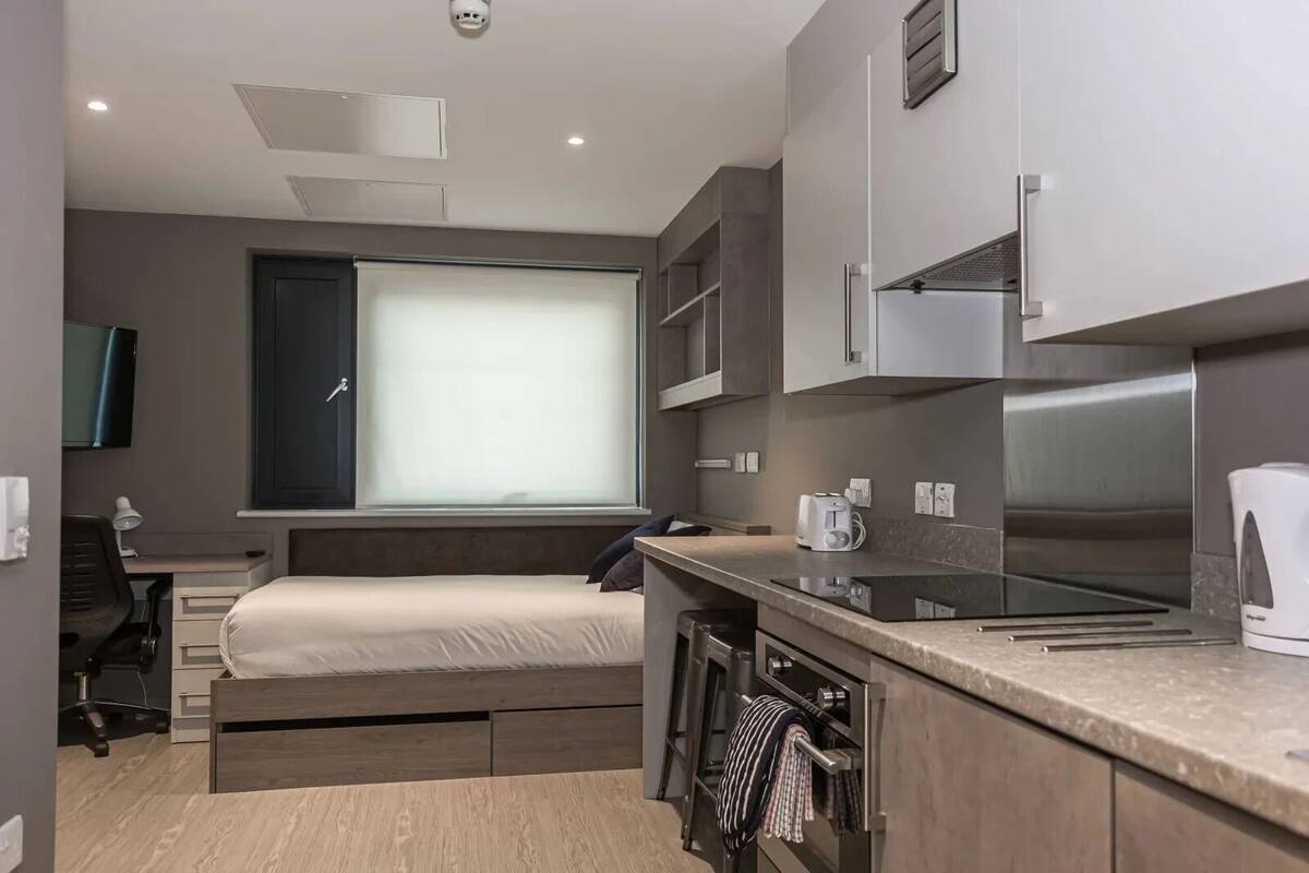 Camera d'albergo compatta con un letto, angolo cottura e un'ampia finestra.
