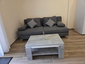 Un salon avec un canapé gris, deux coussins à motifs et une table basse grise.