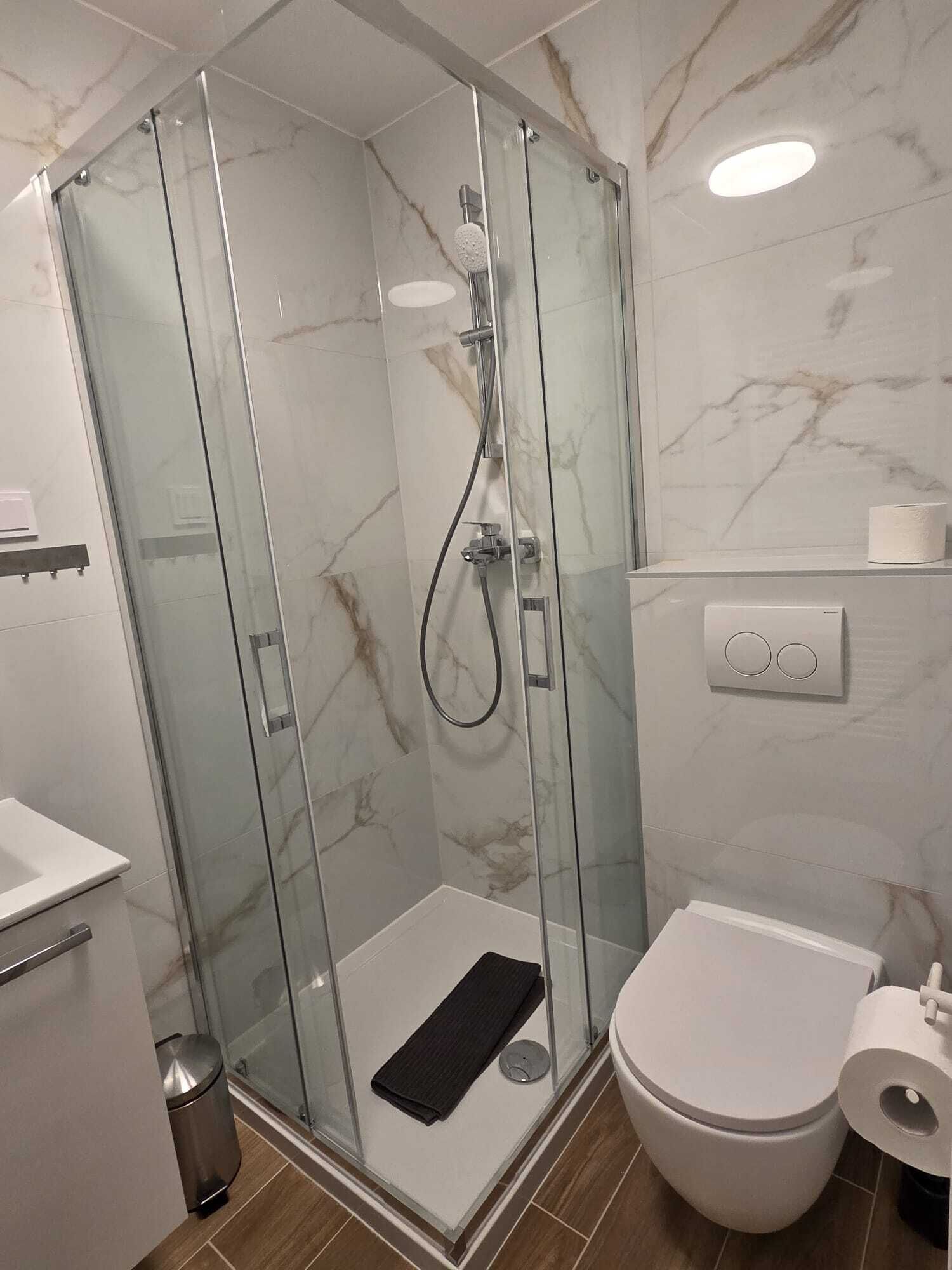 Ducha con mampara de vidrio, cabezal de ducha de mano, inodoro y contenedor de basura.