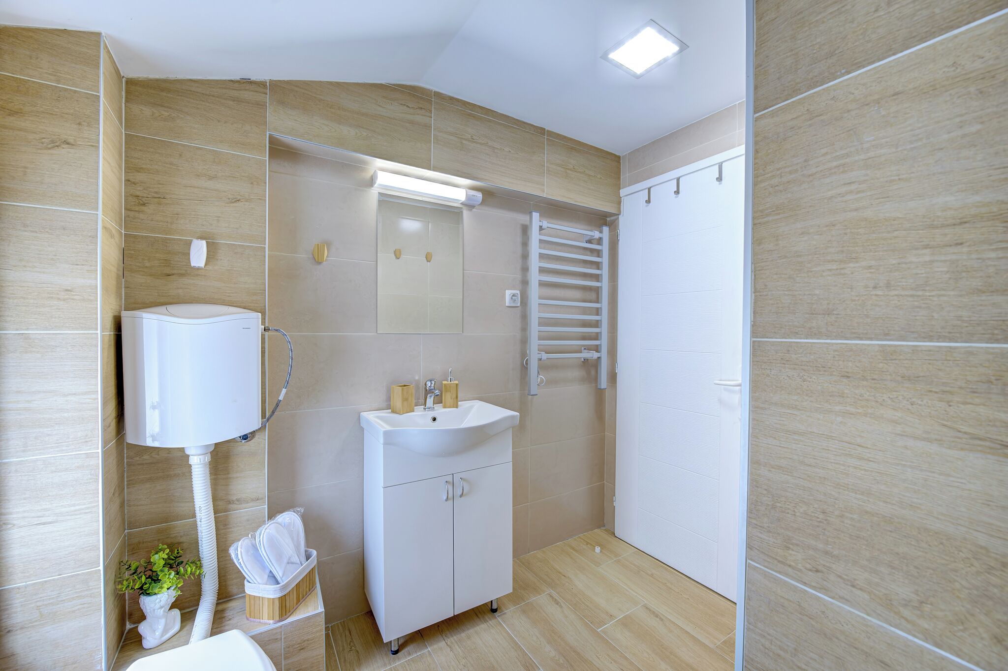 Hair dryer, towels, soap, shampoo