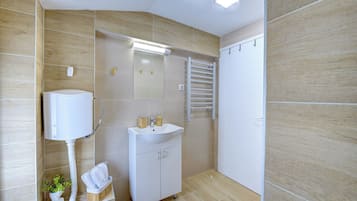 Hair dryer, towels, soap, shampoo