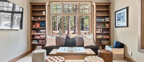 Smart TV, fireplace, video games, foosball