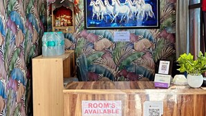 A reception desk with a tropical leaf-patterned wallpaper, a television displaying horses, and a sign indicating room availability.