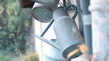 A series of metal buckets mounted on a wall, likely used for collecting rainwater.