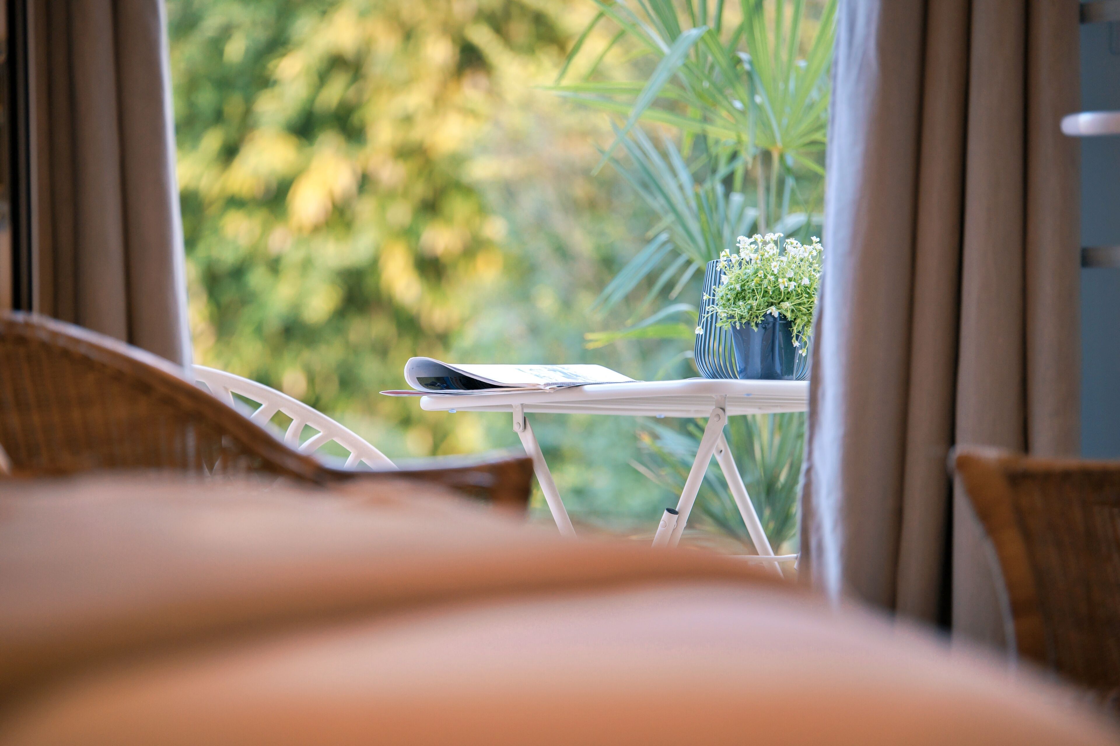 A room with a view of greenery through a window, a small table with a plant, and a chair.